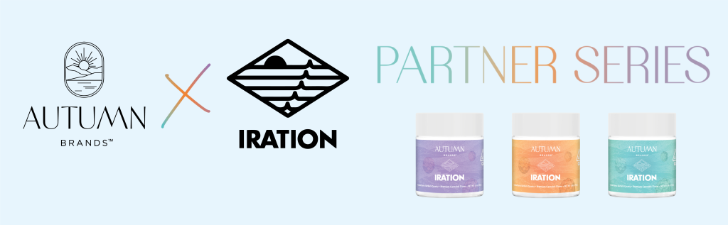 An image depicting Autumn Brand's and Iration's logos along with the three 3.5g flower jars from their collaboration