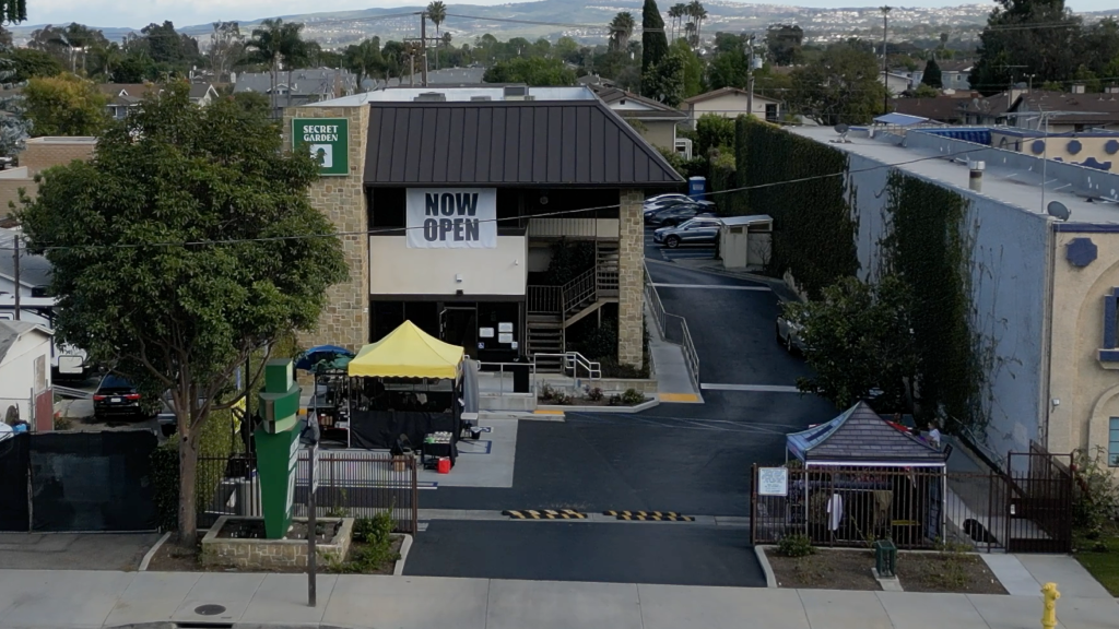 An aerial image of Secret Garden dispensary in Costa Mesa, conveniently located near John Wayne airport and the OC Fairgrounds